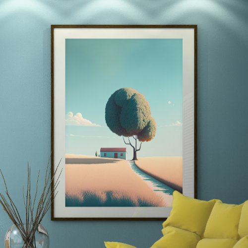 Minimalist Landscape of House  Tree Ai Art Poster