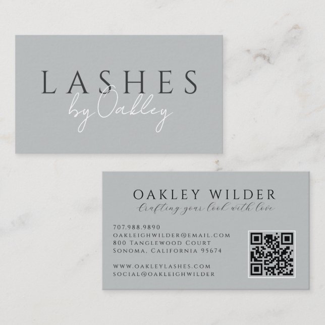 Minimalist Lash Technician Gray QR Code Business Card (Front/Back)
