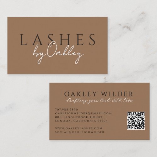 Minimalist Lash Technician QR Code Cocoa Brown Business Card