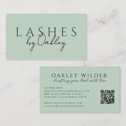 Minimalist Lash Technician QR Code Green Business Card