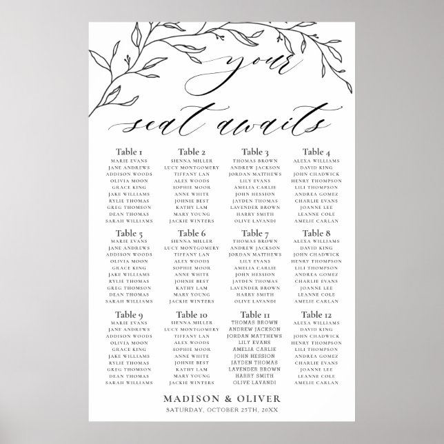 Minimalist Laurel Branch Wedding Seating Chart (Front)