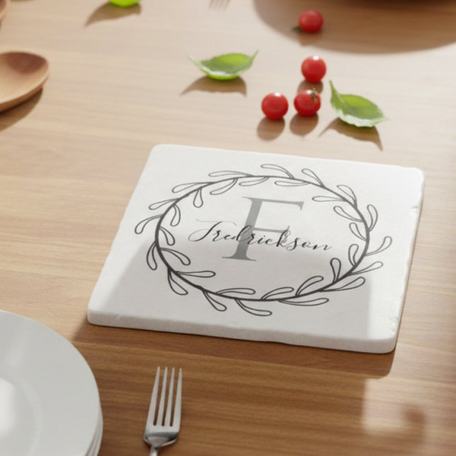 Minimalist Laurel Wreath Initial Gift Trivet (Realtor Closing Gift Wreath Monogram Trivet)