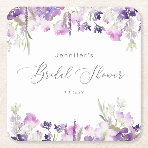 Minimalist lavender lilac bridal shower square paper coaster