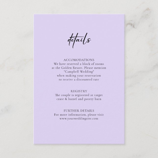 Minimalist Lavender Purple DETAILS Info Wedding Enclosure Card (Front)