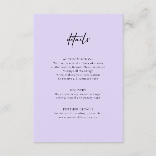 Minimalist Lavender Purple DETAILS Info Wedding Enclosure Card