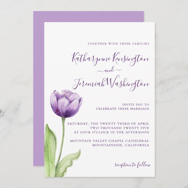 Minimalist Lavender Purple Tulip Wedding Invitation (Front/Back)