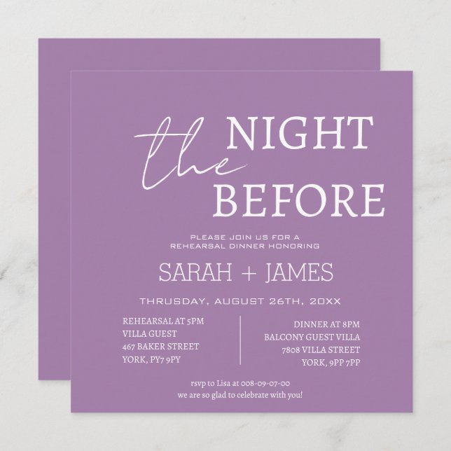Minimalist Lavender Rehearsal Dinner Wedding  Invitation (Front/Back)