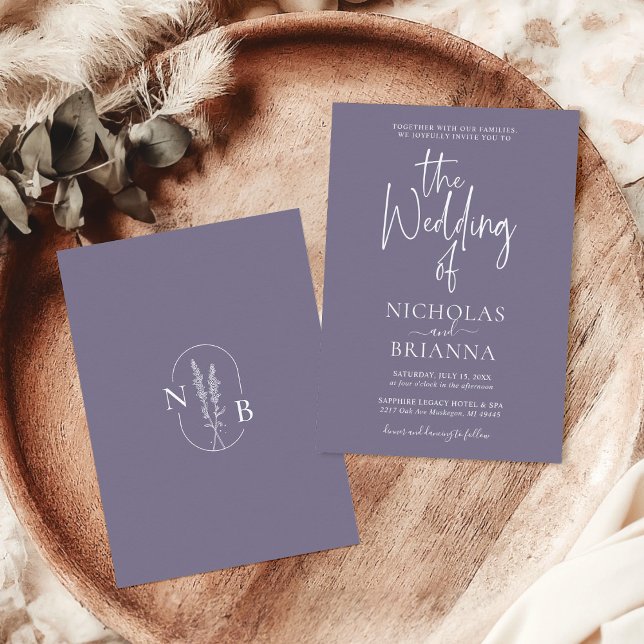 Minimalist Lavender Wedding Modern Monogram Invitation (Creator Uploaded)