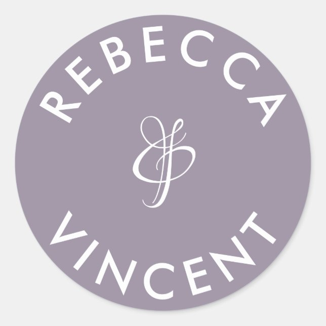 Minimalist Lavender Wedding Personalized Names Classic Round Sticker (Front)