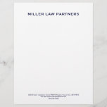 Minimalist Law Firm Letterhead Navy Typography<br><div class="desc">Enhance your professional image with this minimalist letterhead designed specifically for attorneys and law firms. The solid white background provides a clean and timeless canvas, allowing your company name to shine in navy blue classic typography at the top. The contact information is elegantly placed in the lower thirds, ensuring easy...</div>