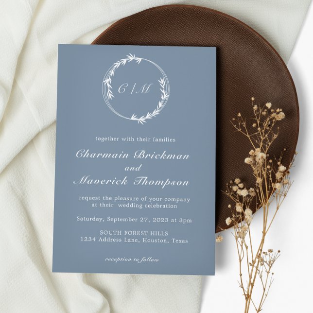 Minimalist Leaf Dusty Blue Monogram Wedding  Invitation (Creator Uploaded)