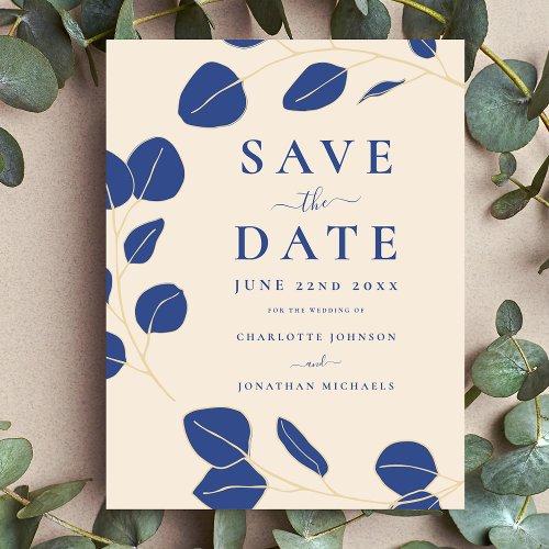 Minimalist Leaf Modern Stylish Cream Blue Wedding Announcement Postcard