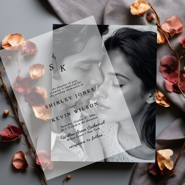 Minimalist Leaf Monogram Modern Wedding Vellum Invitations (Creator Uploaded)