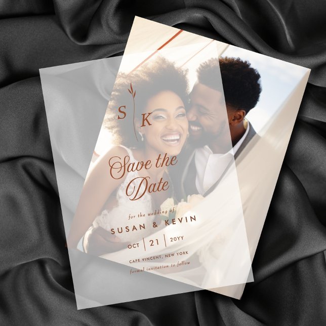 Minimalist Leaf Monogram Wedding Save the Date Vellum Invitations (Creator Uploaded)