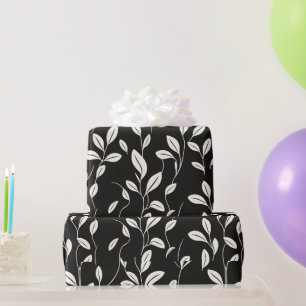 Minimalist Leaf Pattern on Black Wrapping Paper