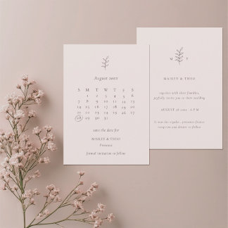 Minimalist Leaf Pink Black Calendar Save The Date