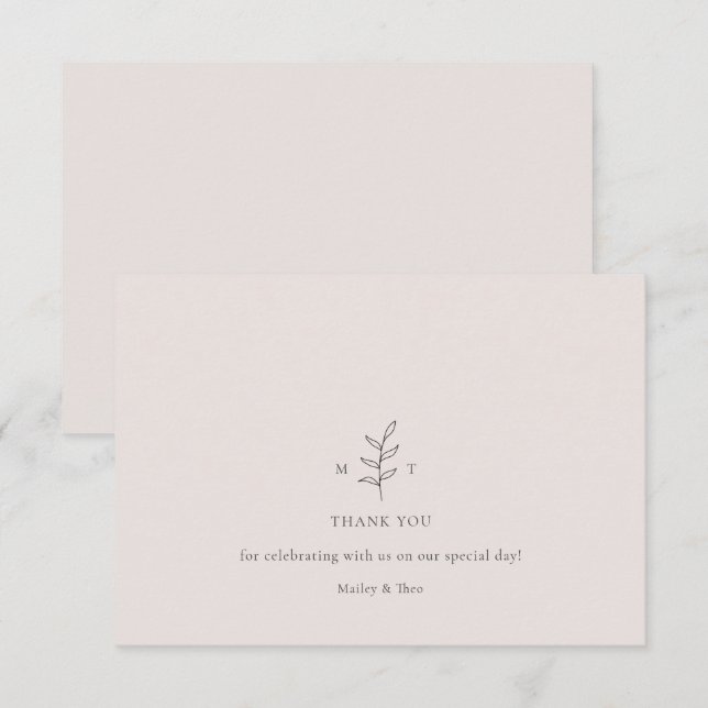 Minimalist Leaf Pink Black Wedding Thank You Card  (Front/Back)