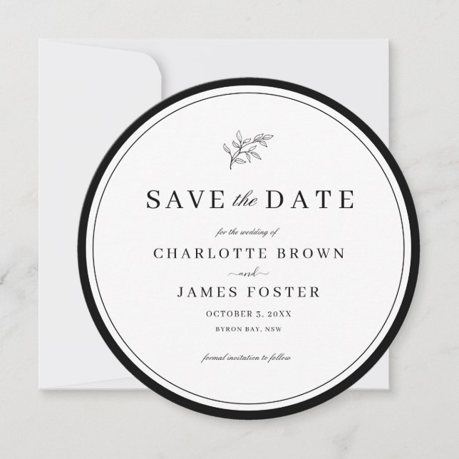 Minimalist Leaf Round Save the Date Invitation (Front)