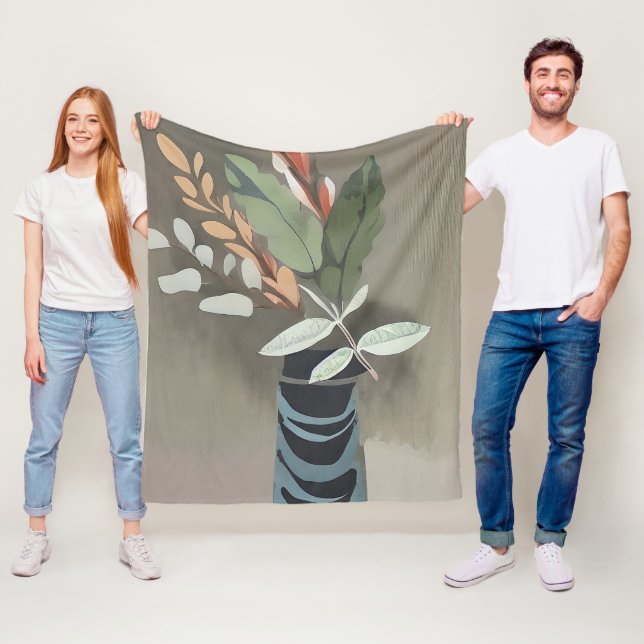 Minimalist leaf vase art fleece blanket (In Situ)