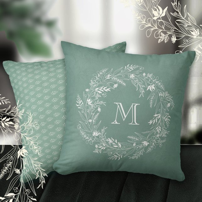 Minimalist leafy botanical circle letter M Throw Pillow (Creator Uploaded)