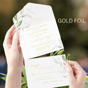 Minimalist leafy greenery gold green white wedding all in one invitation