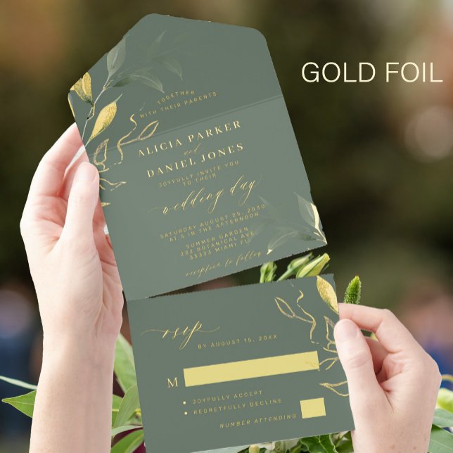 Minimalist leafy greenery gold sage green wedding all in one invitation  (Creator Uploaded)