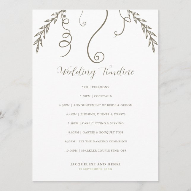 Minimalist Leaves and Vines Wedding Timeline Program (Front)