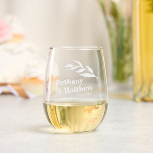 Minimalist leaves couples name and wedding date stemless wine glass