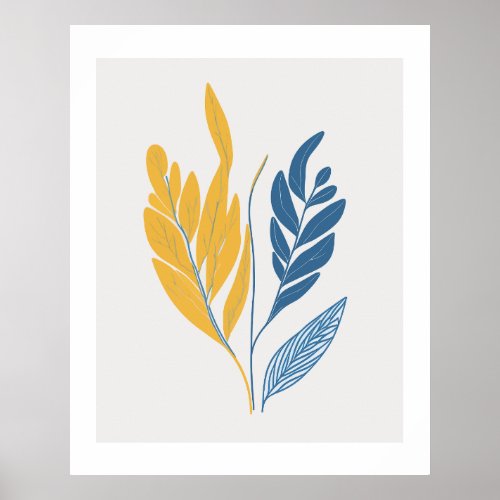 Minimalist Leaves Illustration in blue  yellow Poster