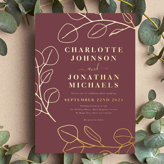 Minimalist Leaves Modern Stylish Burgundy and Gold Foil Invitation (Minimalist eucalyptus leaves modern stylish burgundy and gold foil wedding invitation )
