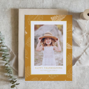 Minimalist Leaves Pattern Happy Thanksgiving Photo Foil Holiday Postcard