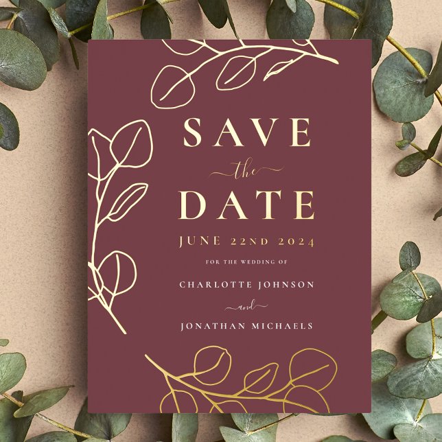 Minimalist Leaves Stylish Burgundy Gold Wedding Foil Invitation Postcard (Minimalist eucalyptus leaves modern stylish burgundy and gold foil wedding save the date invitation )