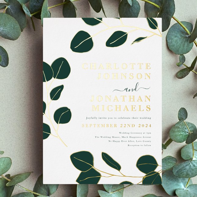 Minimalist Leaves Stylish Dark Green and Gold Foil Invitation (Minimalist eucalyptus leaves modern stylish dark emerald green and gold foil wedding invitation)