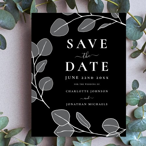 Minimalist Leaves Stylish Gray Black Wedding Save The Date