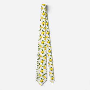 Minimalist Lemon and Flower Watercolor Neck Tie