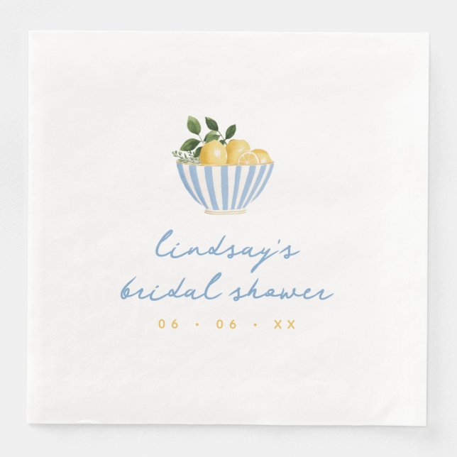 Minimalist Lemons Blue & Yellow Bridal Shower Paper Dinner Napkins (Front)