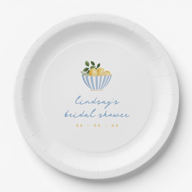 Minimalist Lemons Blue & Yellow Bridal Shower Paper Plates (Front)