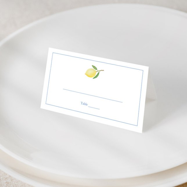 Minimalist Lemons Seersucker Stripes Bridal Shower Place Card (Simple minimalist lemon wedding shower place card with blue and white seersucker stripes backer)