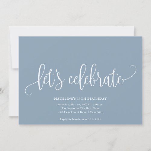 Minimalist Lets Celebrate Dusty Blue Invitation