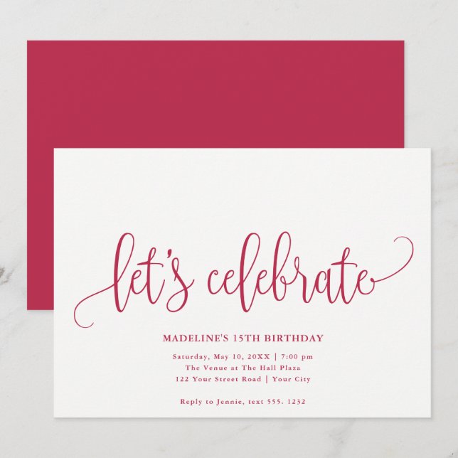 Minimalist "Let's Celebrate" Magenta Invitation (Front/Back)