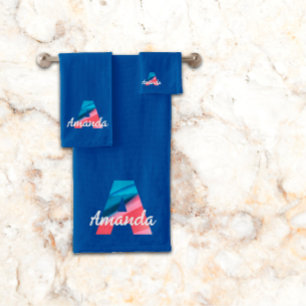 Minimalist letter A coral pink monogram dark blue  Bath Towel Set