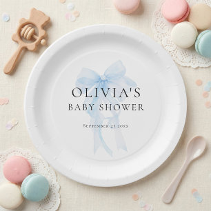 Minimalist Light Blue Bow Baby Shower Paper Plates