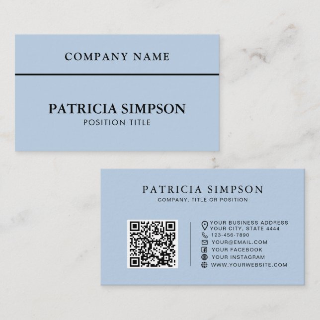 Minimalist Light Blue QR Code Professional Elegant Business Card (Front/Back)