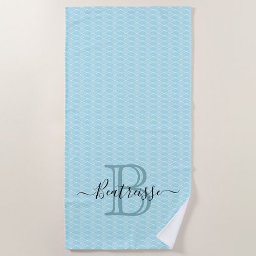 Minimalist Light Blue Sea Mermaid Monogram Beach Towel