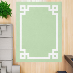 Minimalist Light Green and White Greek Key Border Rug