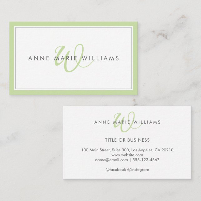 Minimalist Light Green Script Two Border Monogram Business Card (Front/Back)