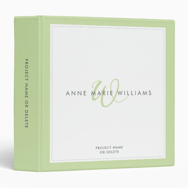 Minimalist Light Green Two Border Monogram  3 Ring Binder (Front/Spine)