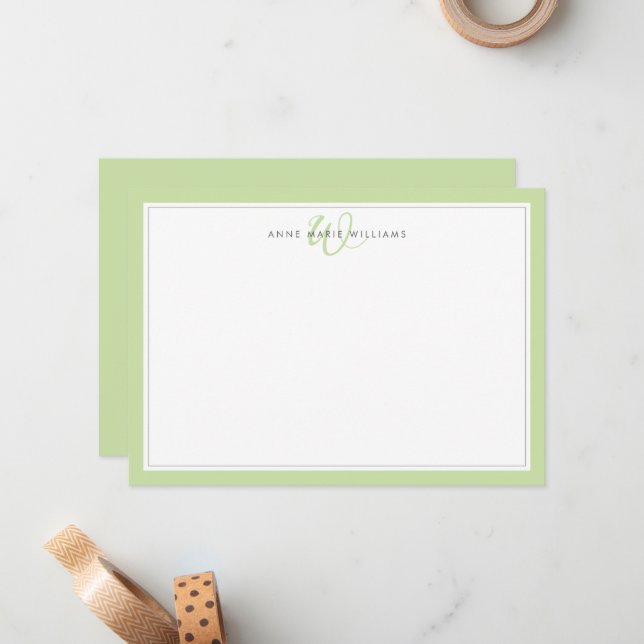 Minimalist Light Green Two Border Monogram Note Card (Front/Back In Situ)