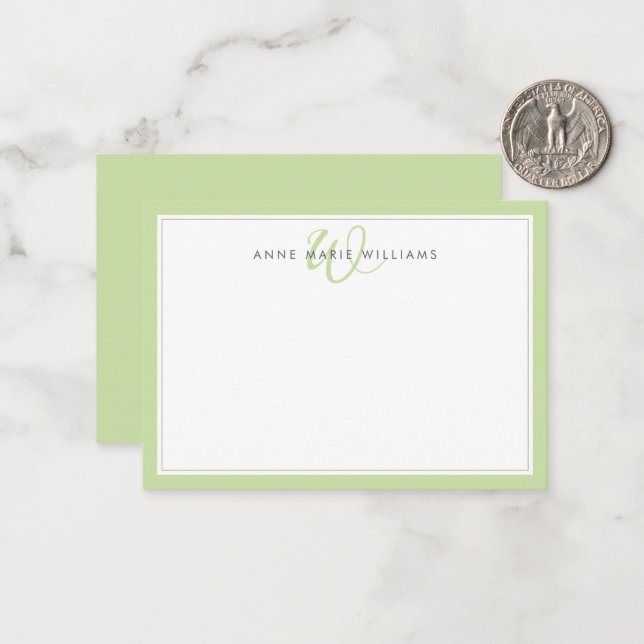 Minimalist Light Green Two Border Monogram Note Card (Front/Back In Situ)