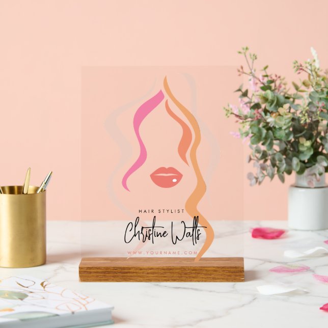 Minimalist Light Peach Hair Stylist Wavy Hair Cute Acrylic Sign (Wedding)